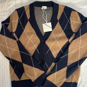 KULE Navy/Camel Argyle Cardigan XS New w/Tags